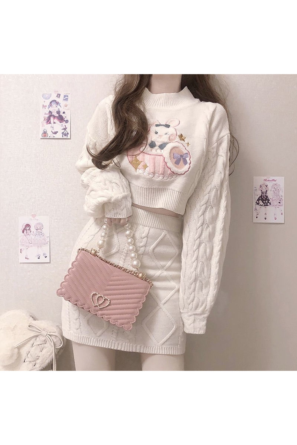 Adorable Fall Rabbit Embroidery Sweater Skirt 2-Piece.