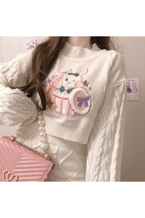 Adorable Fall Rabbit Embroidery Sweater Skirt 2-Piece.