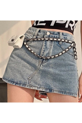 Blue 90s high waist denim mini skirt.