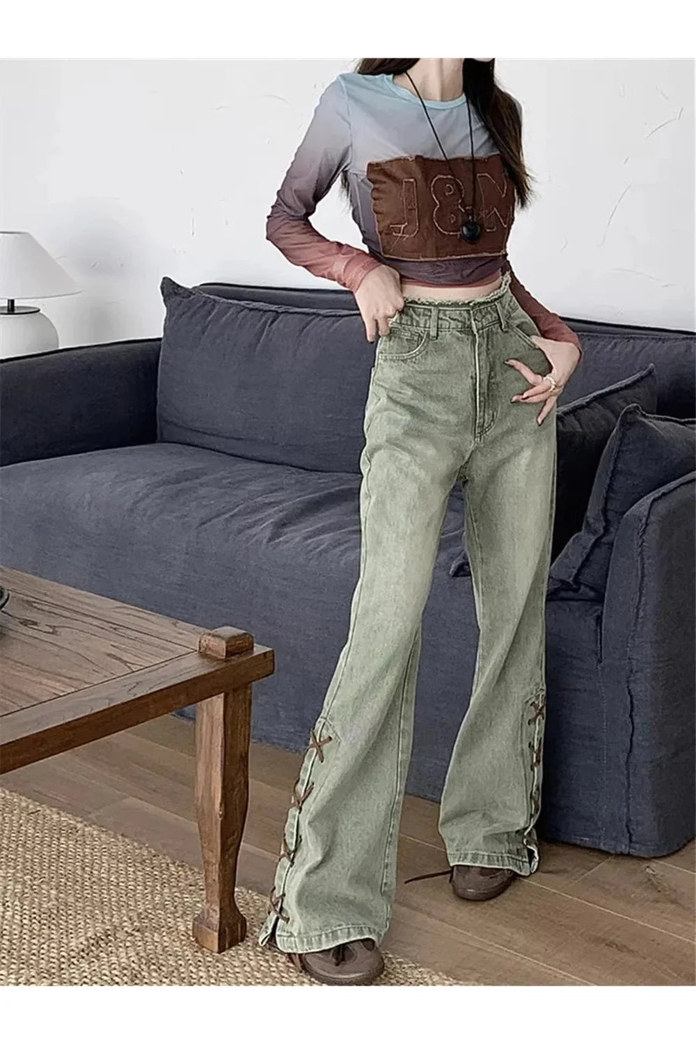 Fall 90s Wide Leg Green Jeans