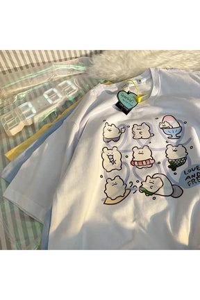 Cute white Doodle Animal Tee, playful design.