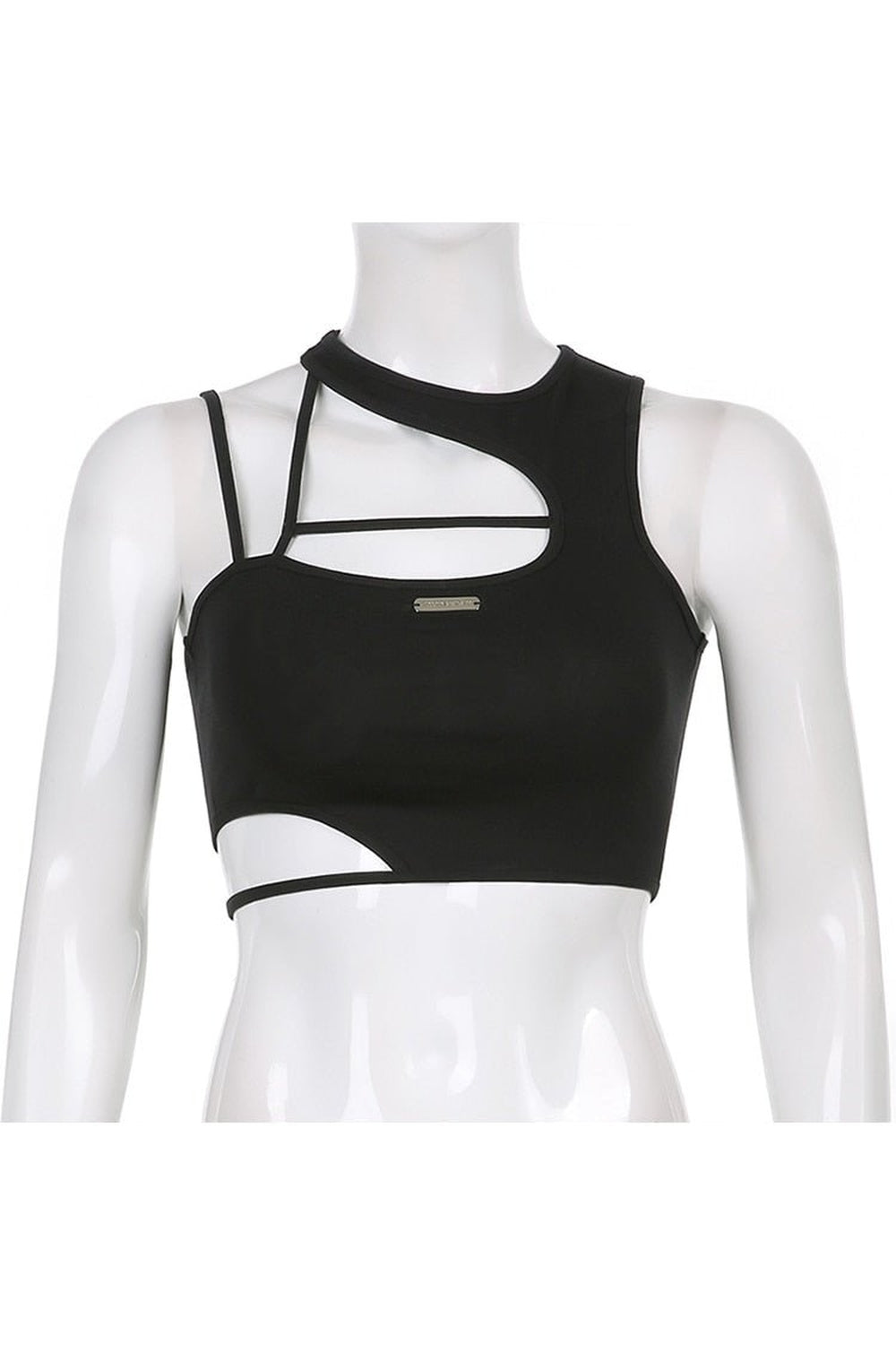 Stylish black crop top with intricate design.