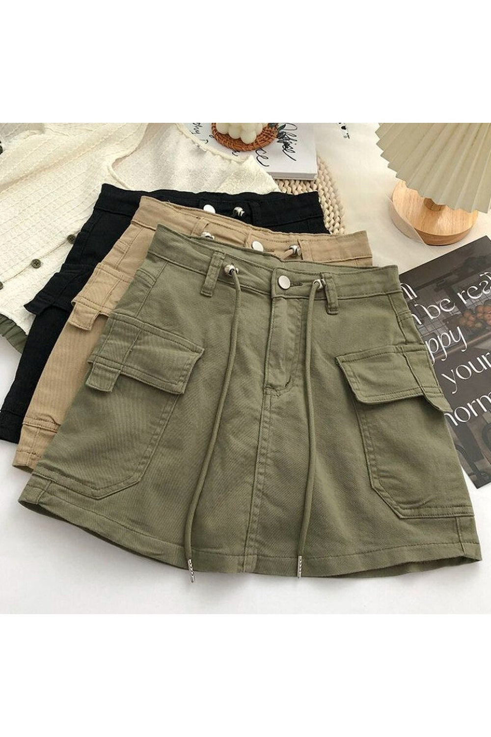 High Waist Denim Skirt in khaki with lining.