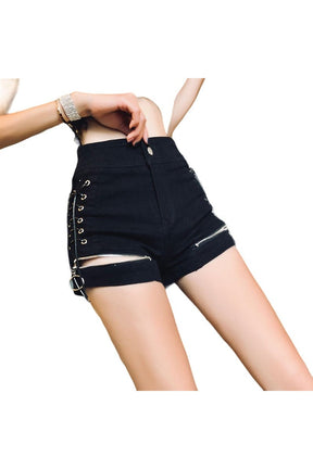 Black lace-up denim short with cool style.