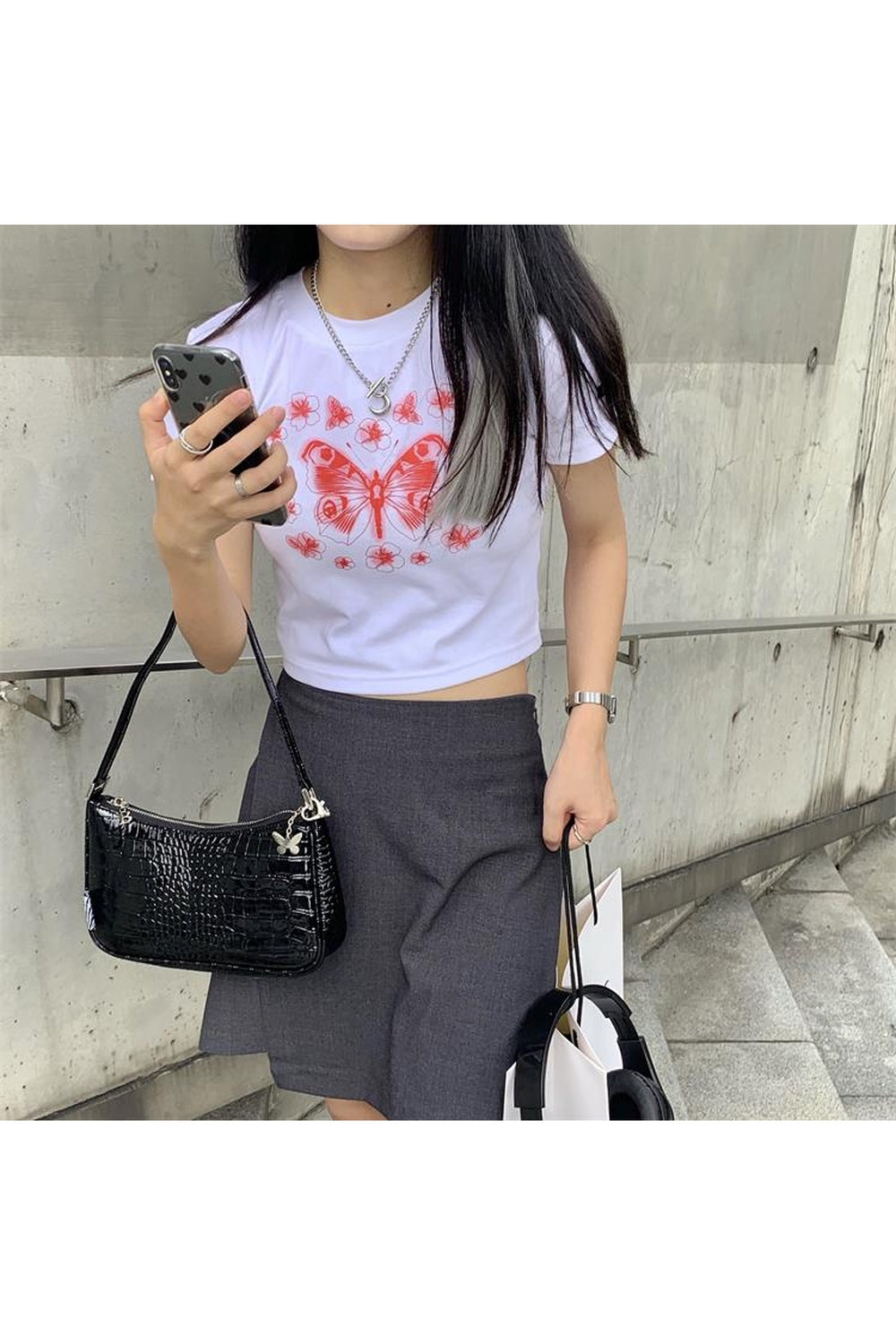 White butterfly print summer crop top.