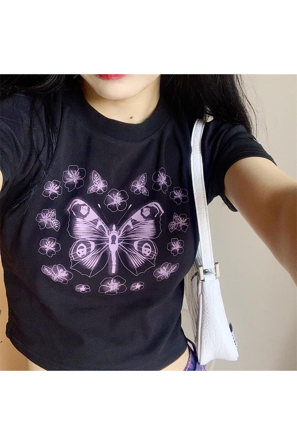 Black Alt Butterfly Print Crop Top for summer.