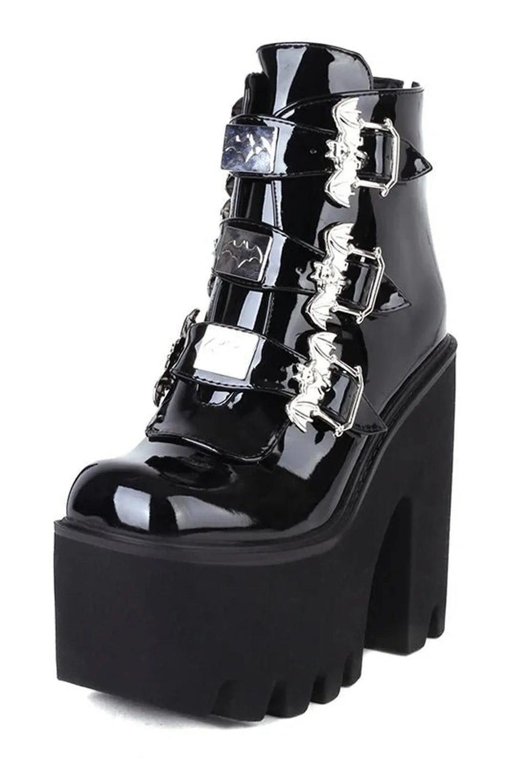 Alt Cobweb Vampire Cosplay Boots in sleek patent leather.