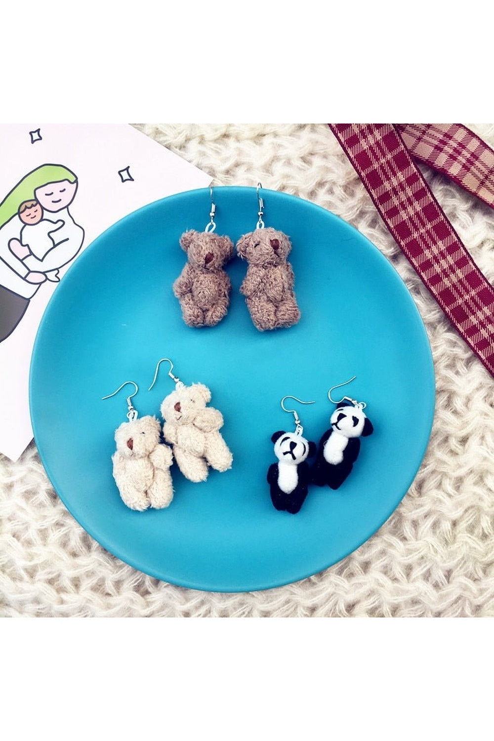 Adorable Alt Cute Plush Bear Earrings, White Bear 01.