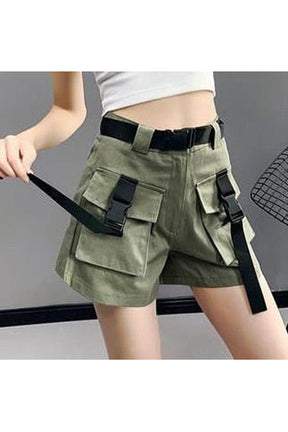 Stylish Alt Edgy Cargo Shorts in green with belt.