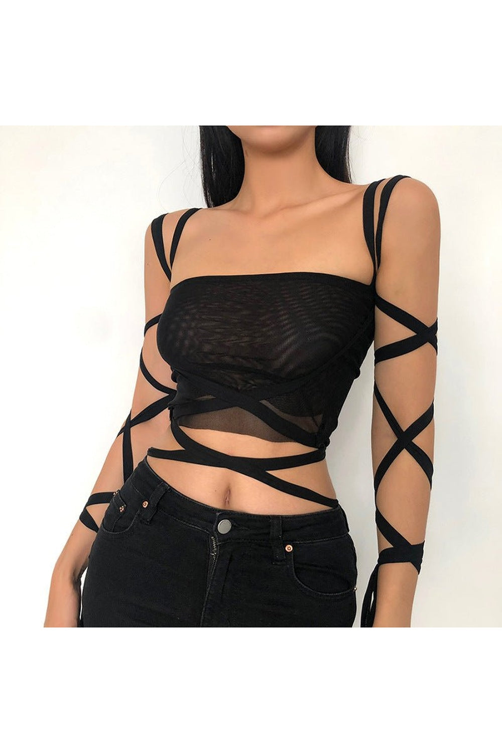 Stylish Alt Fashion Black Mesh Crop Top.