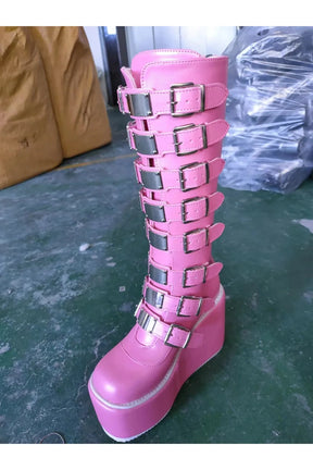 Pink Alt Heart Buckle Knee Boots with charm.