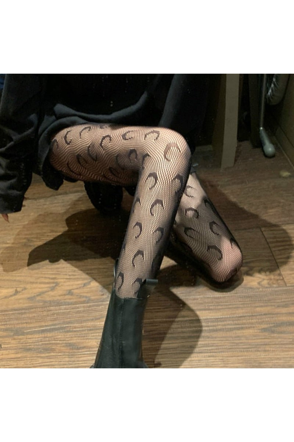 Black Alt Moon Pattern Fishnet Tights - Elegant.