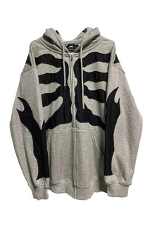 Cozy gray hoodie with fall skeleton design.