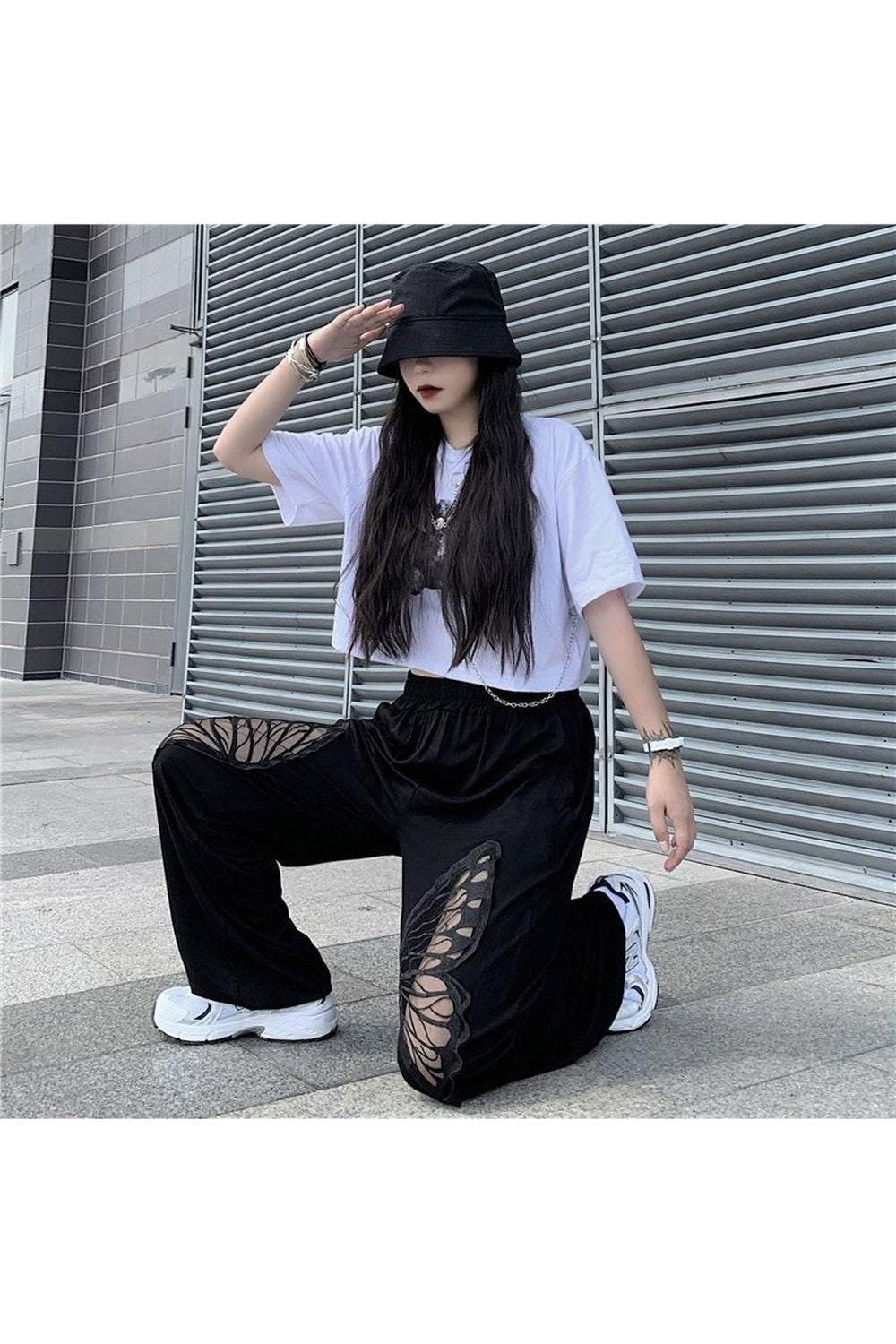 Alt Style Black Butterfly Loose Pants