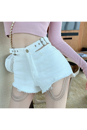 White Alt Style Chain Denim Shorts with chain accent.