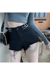 Edgy Black Alt Style Chain Denim Shorts.