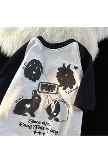 "Black American Rabbit Raglan T-shirt featuring rabbit design."