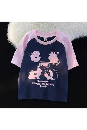 Blue American Rabbit Raglan T-shirt, cozy and charming.