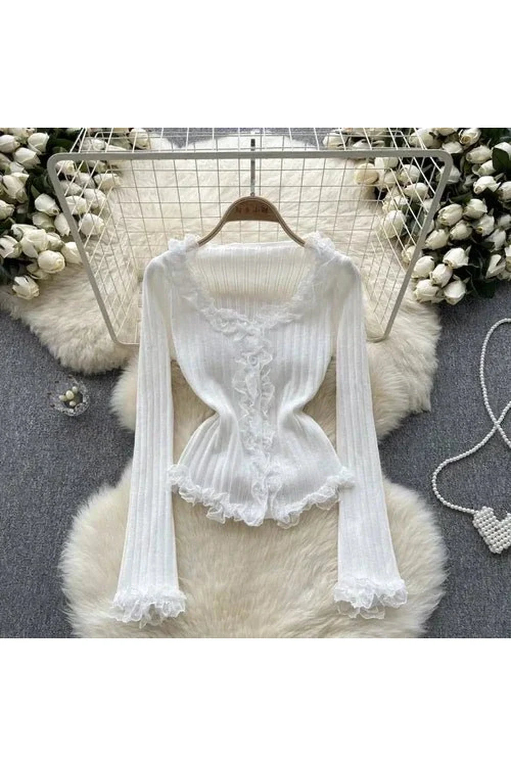 White Angelic Lace Trim Knit Top, elegant design.