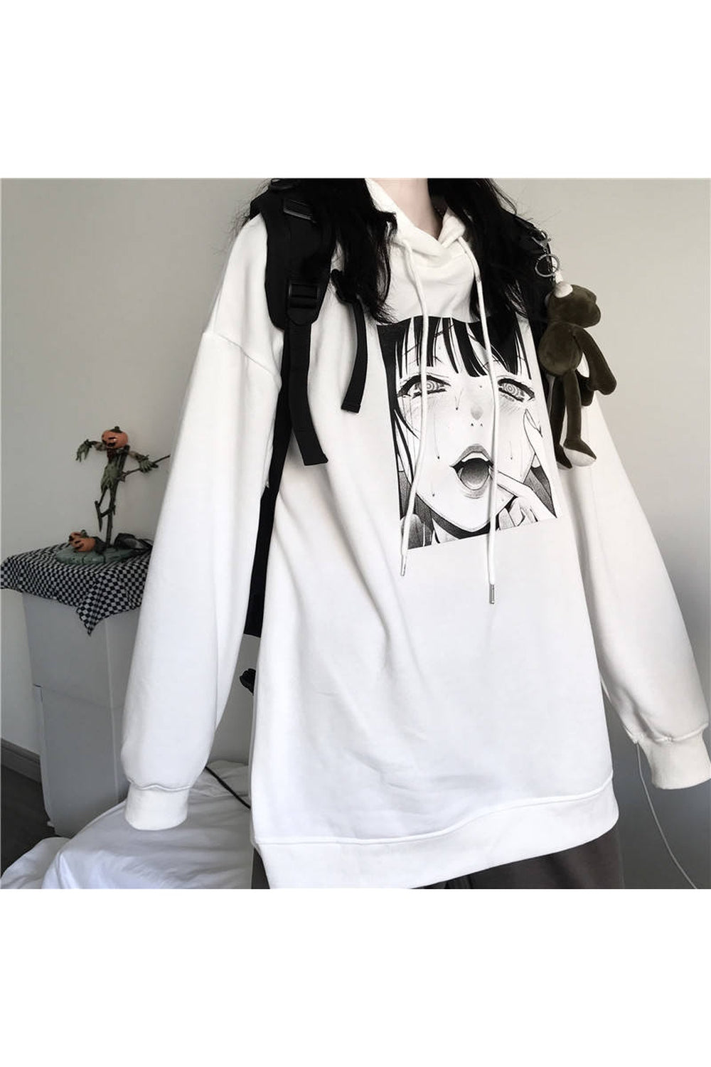 White Fall Anime Print Hoodie, stylish and cozy.