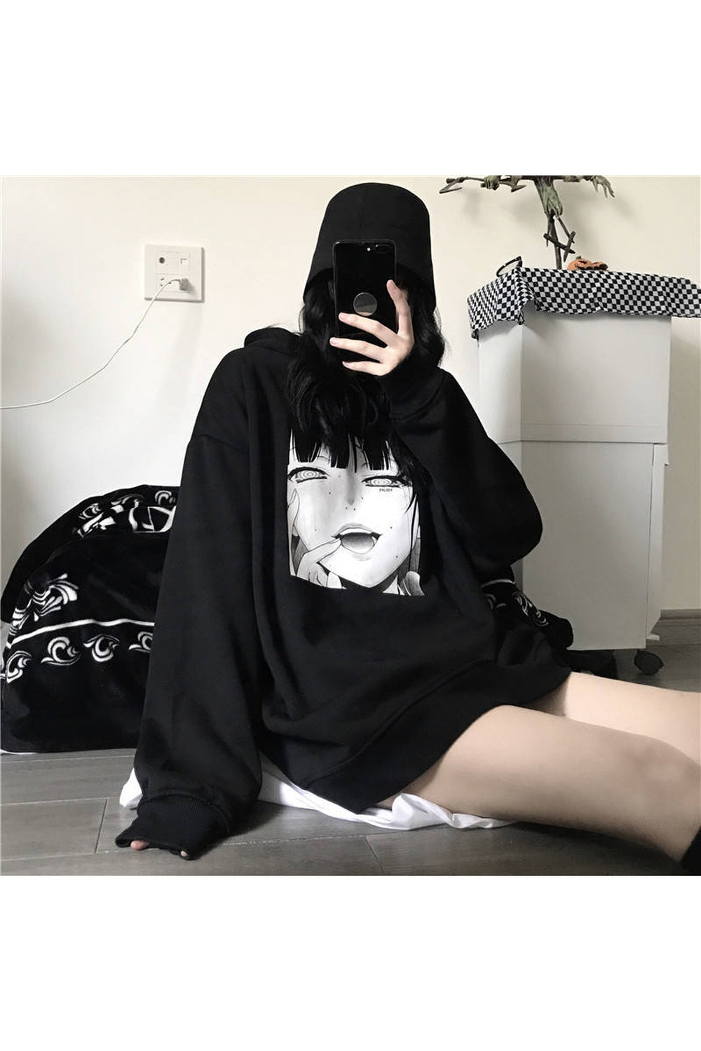 Fall Anime Print Black & White Hoodie