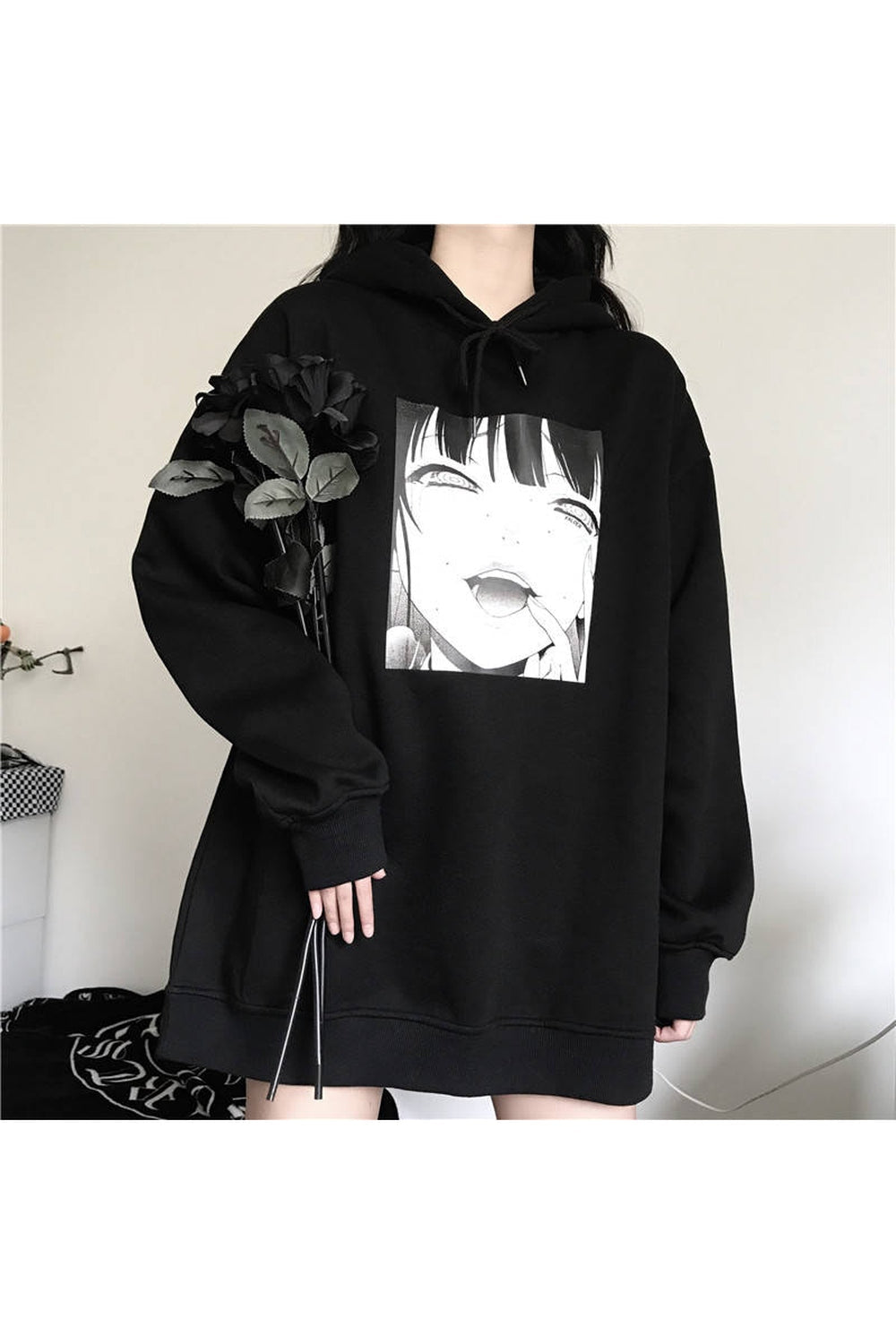 Black Fall Anime Print Hoodie, stylish and cozy.