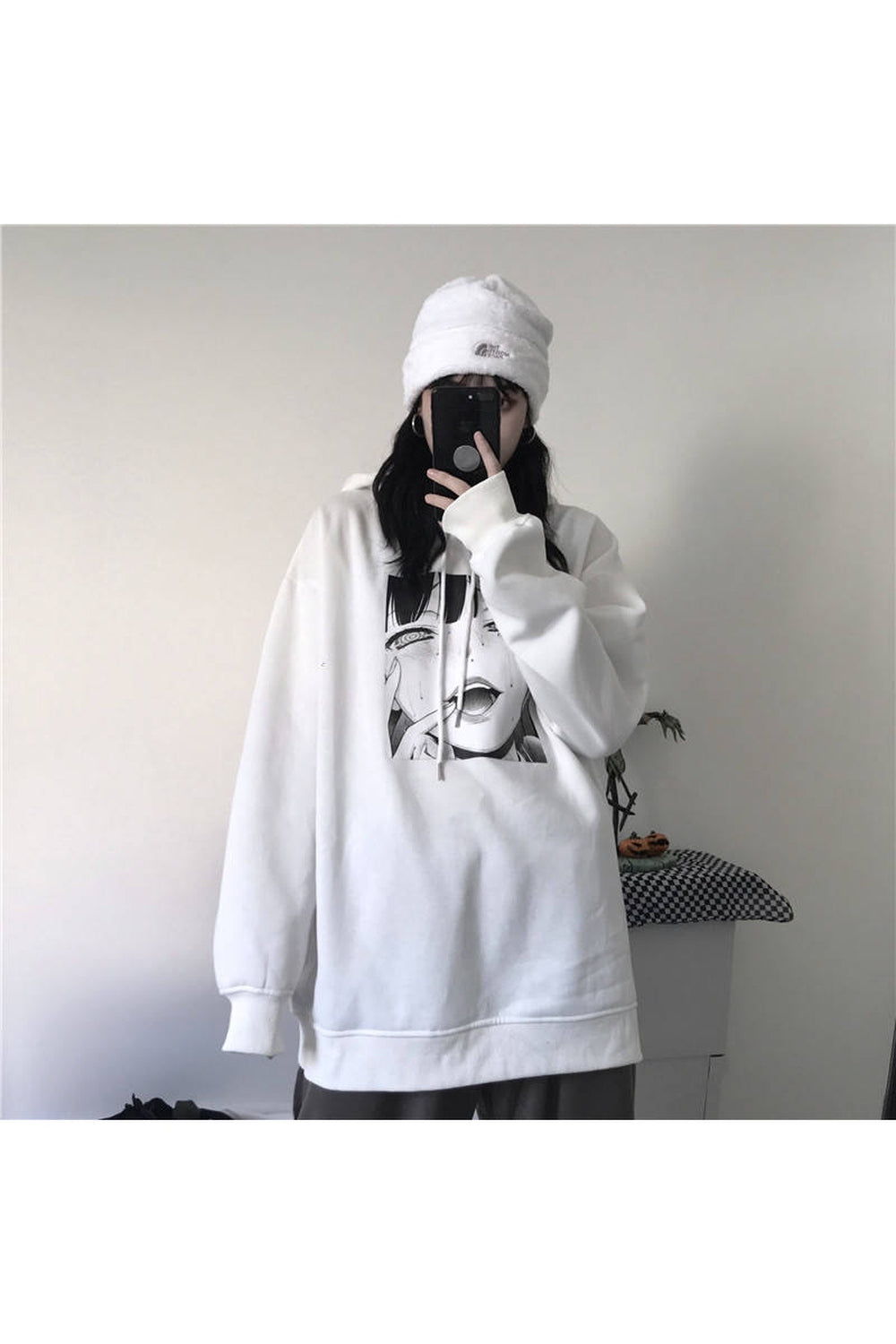 Fall Anime Print Black & White Hoodie