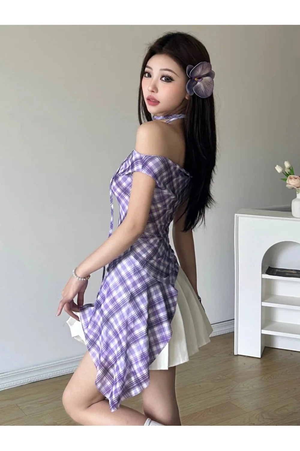 Asymmetric Plaid Halter Blouse