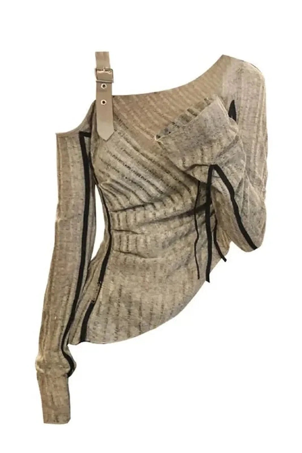 Stylish knit top with asymmetrical strap detail.