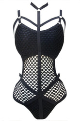 Stylish black fishnet swimsuit exuding baddie vibes.