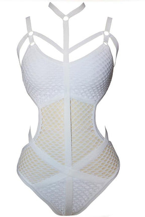 Stylish white fishnet swimsuit for a baddie aesthetic.