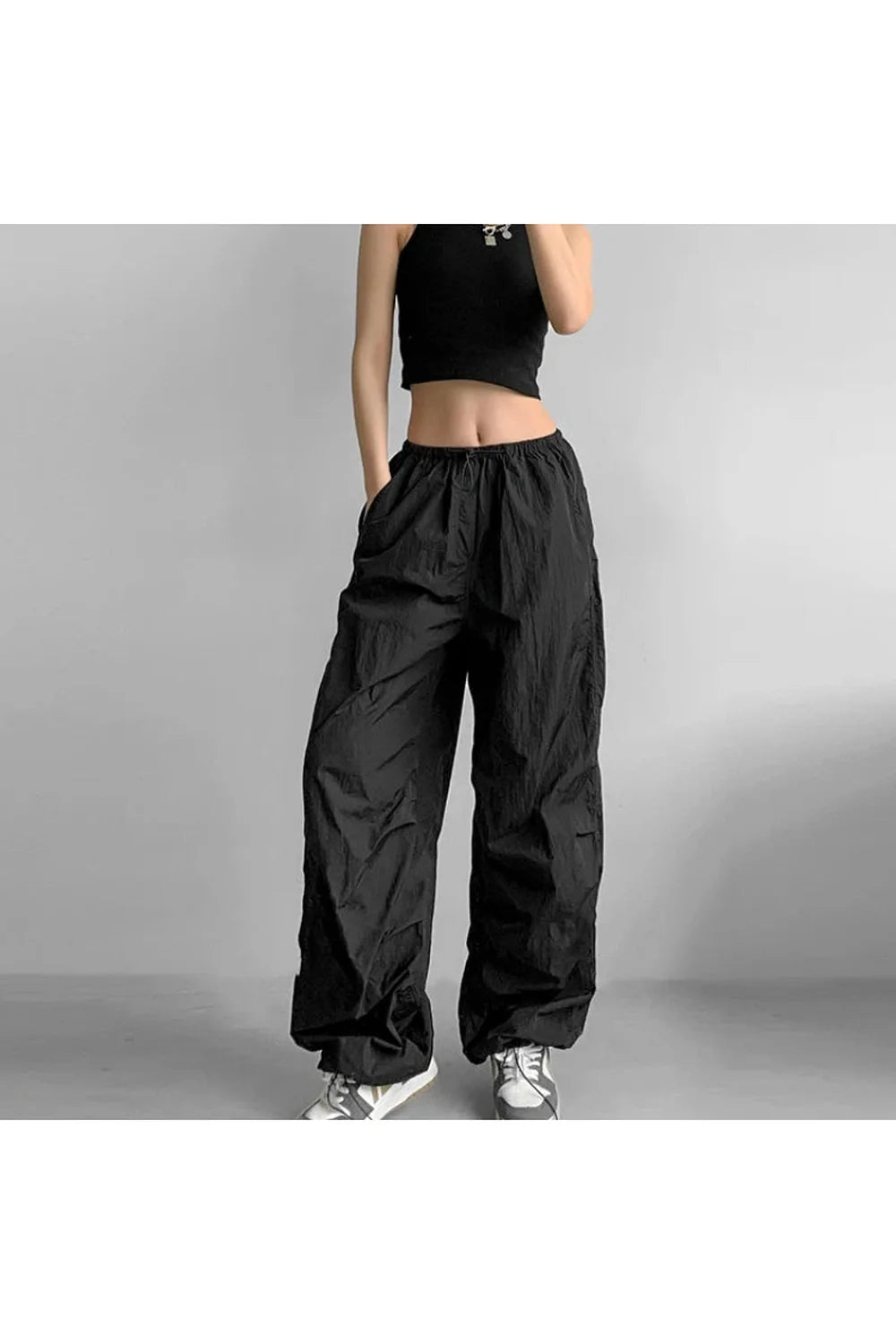 Black Baggy Lilac Parachute Pants: Stylish and versatile.