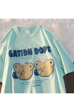 Cute Bear Embroidered Green T-Shirt for Summer.