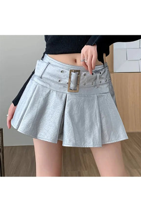 Silver variant Black Belted Mini Skirt with pleats.