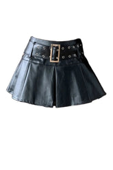 Black Belted Pleated Mini Skirt in Black - Chic.