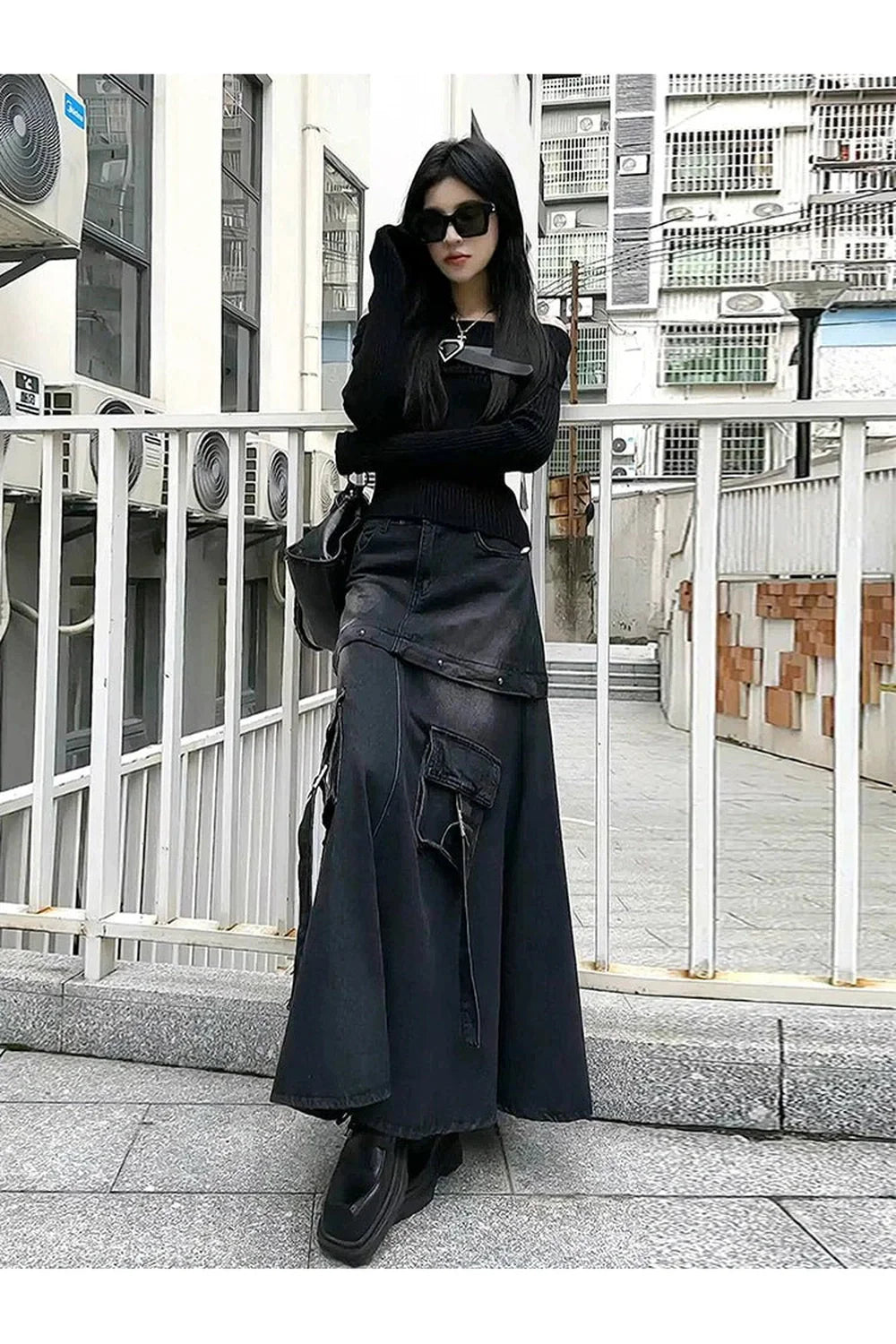 Black Denim A-Line Skirt