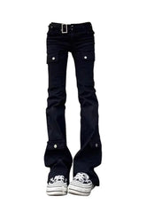 Stylish Black Gothic Flare Cargo Jeans.