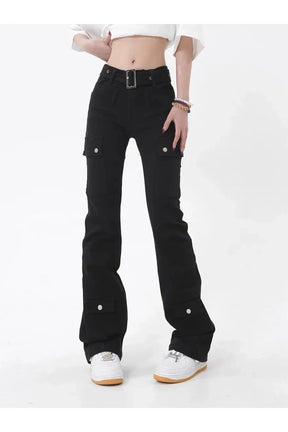 Stylish Black Gothic Flare Cargo Jeans.