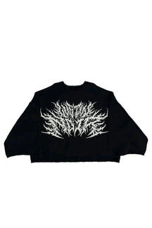 Black Metal Flame Graphic Sweater in Black, featuring flames.