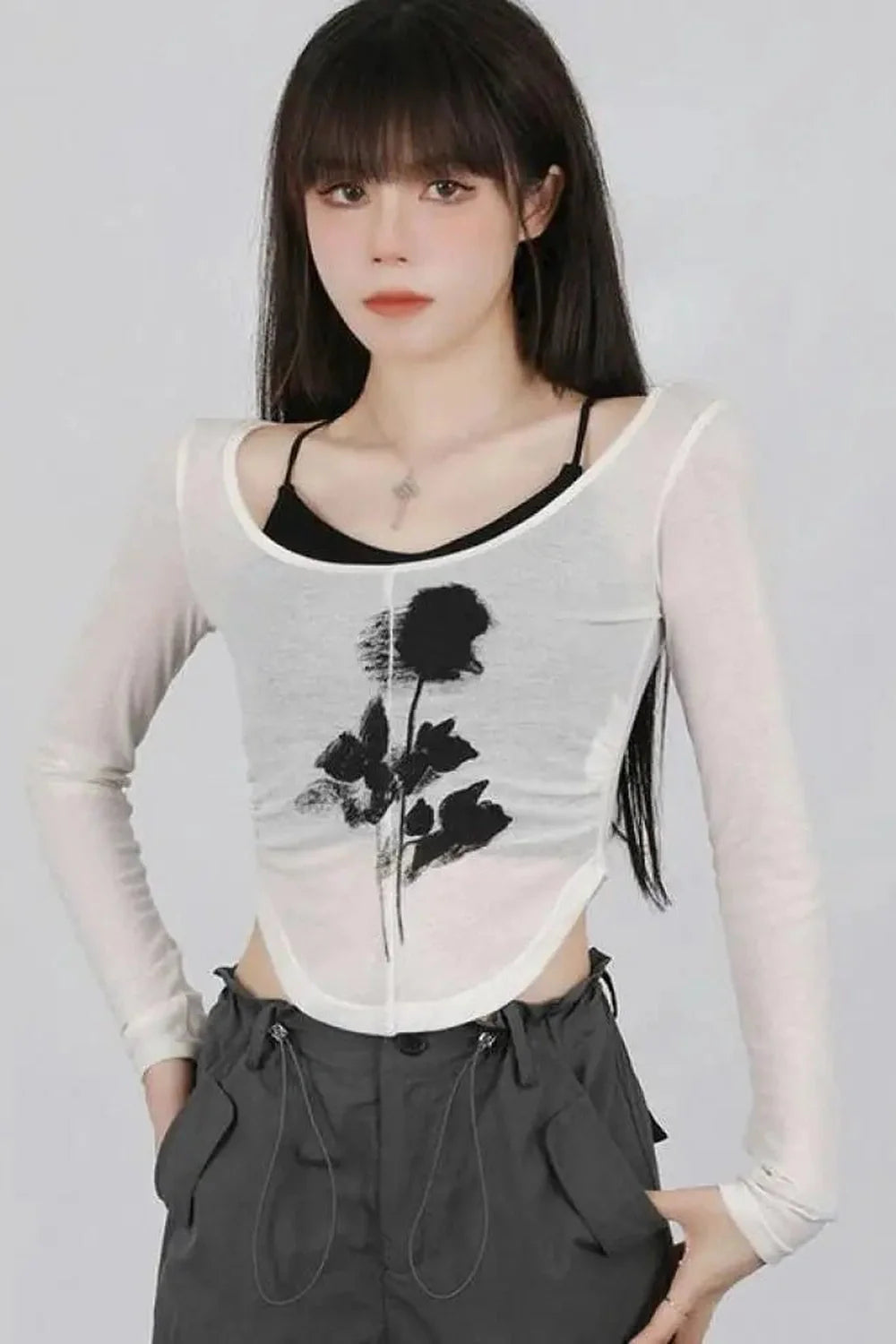 Beige variant Black Rose Sheer Layered Top: ethereal.