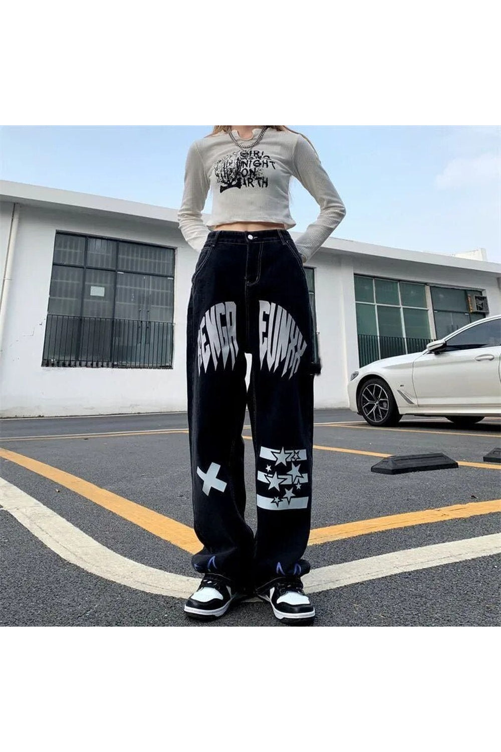 Fall Black Star Print High Waist Jeans