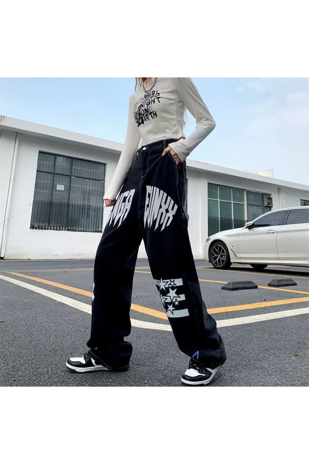 Fall Black Star Print High Waist Jeans