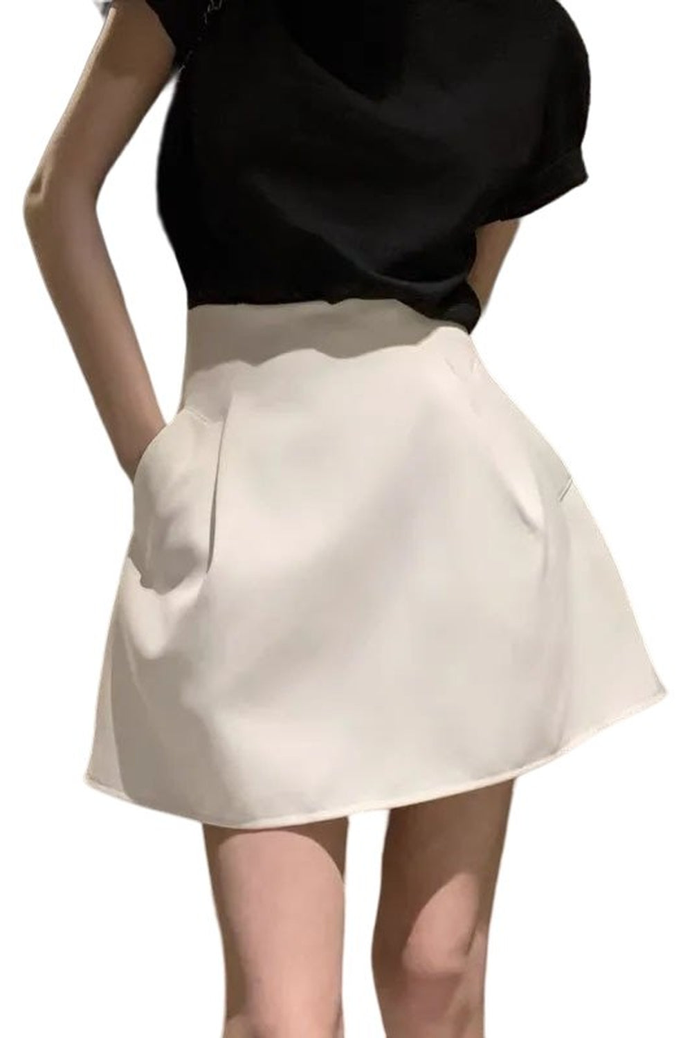 A black puffy A-line skirt with white accents.