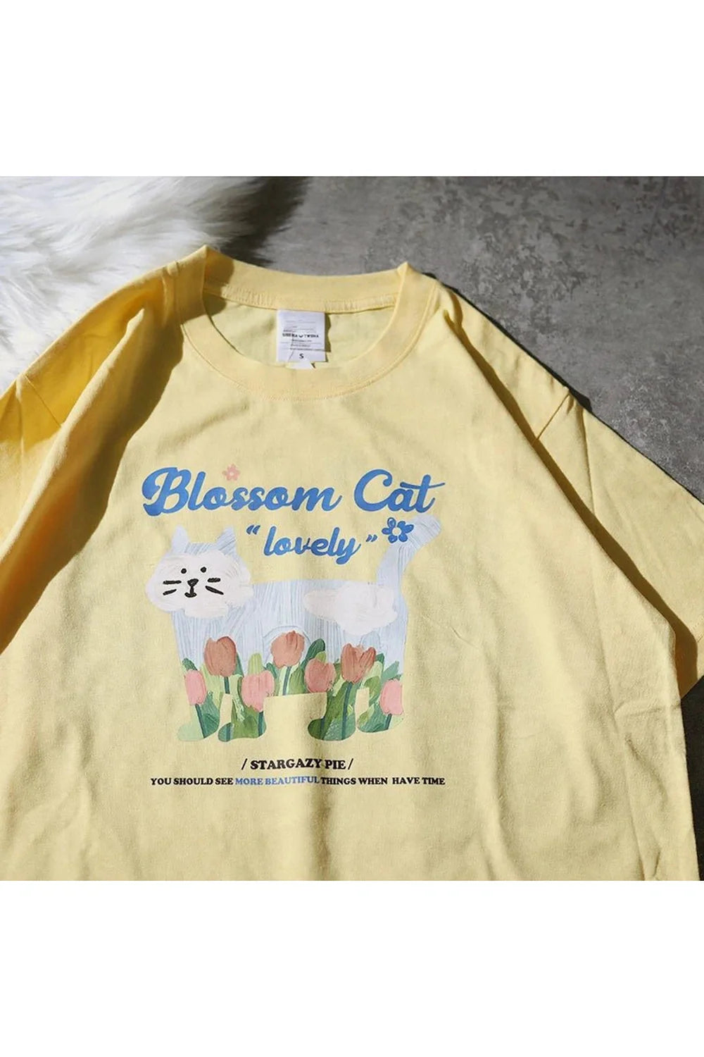 Yellow Blossom Cat Tulip T-Shirt with vibrant design.