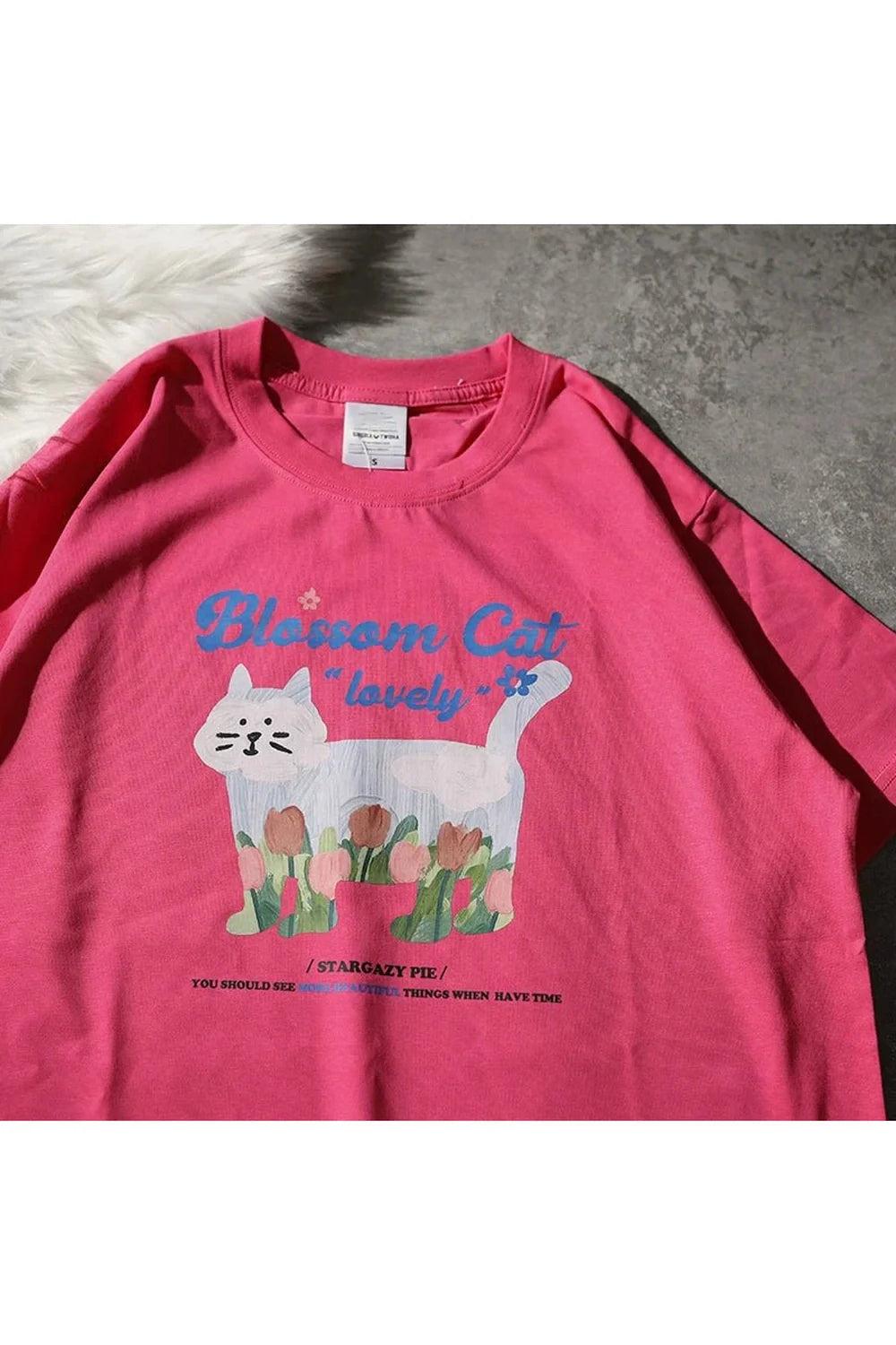 Blossom Cat Tulip T-Shirt in Rose Red, vibrant.