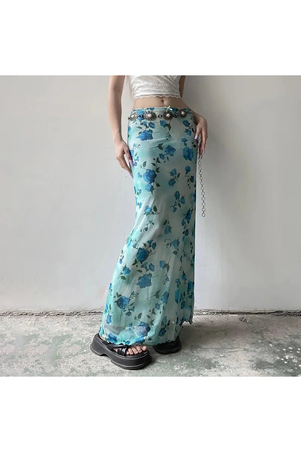 Green variant of Blue Blossom Mesh Maxi Skirt.