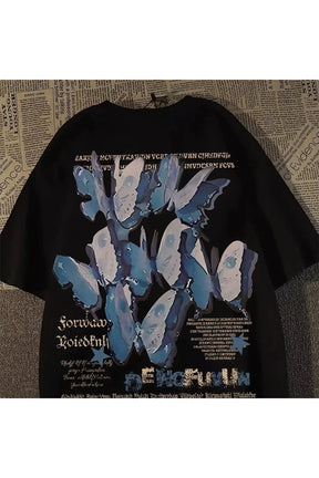 Black variant of Blue Butterfly Graphic T-Shirt featuring butterflies.