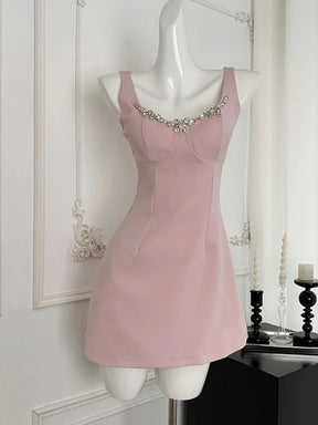 Blush Crystal-Trim A-Line Dress in Pink, elegant.