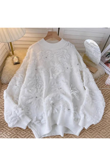 White Fall Blush Petal Sweater with Textured Design.