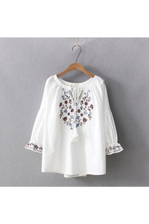 Bohemian Flare Sleeve Blouse in White, elegant style.